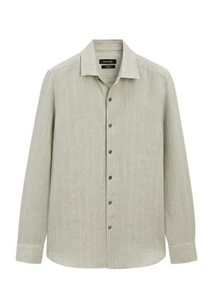 Hellgraues, langärmliges Hemd mit Knopfleiste, dezenten vertikalen Streifen, ausgestelltem Kragen und geknöpften Manschetten.