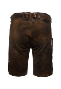 Pantaloni corto tradizionali in pelle marrone, lunghezza ginocchio, con passanti per cintura e tasche laterali, mostrati da dietro su uno sfondo bianco.