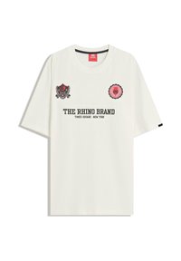 White cotton T-shirt featuring black and red printed text, two emblems on the upper front, and a crew neck design. Short sleeves.