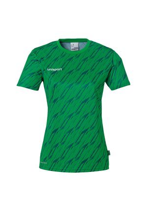 Grøn sportstrøje med korte ærmer, der har et struktureret zigzag mønster og uhlsport-logo på fronten. Fremstillet af letvægts, åndbart materiale.