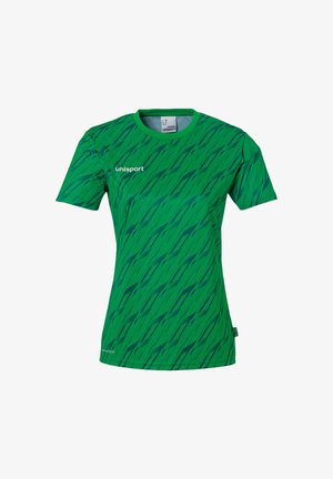 Grøn sportstrøje med korte ærmer, der har et struktureret zigzag mønster og uhlsport-logo på fronten. Fremstillet af letvægts, åndbart materiale.