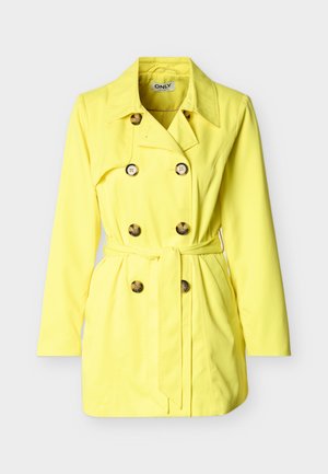 Dzeltena tranšejmētelis ar dubultās rindas pogu aizdari, jostu un sānu kabatām. Gluda materiāla ar klasisku apkakli un garām piedurknēm.