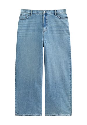 Jeans a gamba larga di denim azzurro chiaro con vita alta, dotati di tasche frontali, leggere sfumature e una silhouette a gamba dritta.
