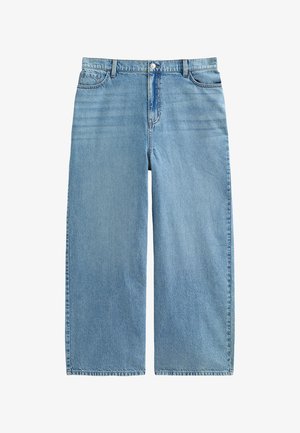 Jeans a gamba larga di denim azzurro chiaro con vita alta, dotati di tasche frontali, leggere sfumature e una silhouette a gamba dritta.