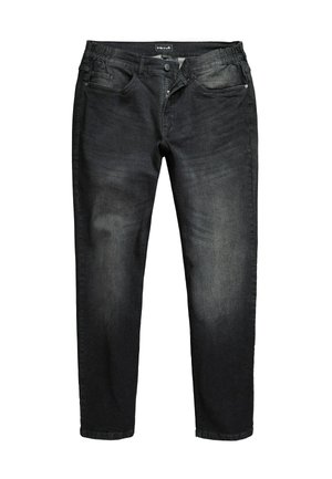 Schwarze, schmal geschnittene Jeans mit leichter Verblassung an den Oberschenkeln, vorderem Reißverschluss und Knopfverschluss, elastischen Taillenbundseiten und Fünf-Taschen-Design.