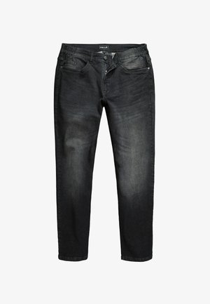Schwarze, schmal geschnittene Jeans mit leichter Verblassung an den Oberschenkeln, vorderem Reißverschluss und Knopfverschluss, elastischen Taillenbundseiten und Fünf-Taschen-Design.
