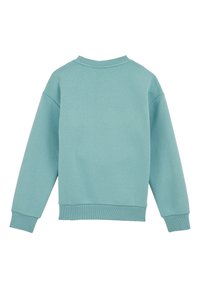 Svetlá tyrkysová mikina s dlhými rukávmi, okrúhlym výstrihom a rebrovanými manžetami a lemom, vyrobená z mäkkej bavlnenej zmesi, s jednoduchým, nezdobeným dizajnom.