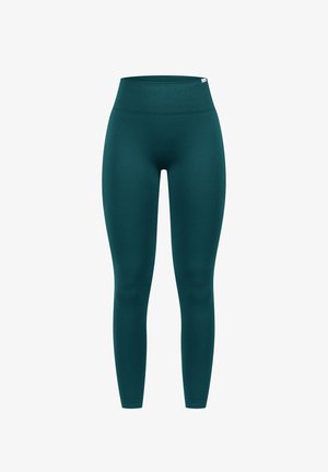 Tyrkysové legíny s vysokým pasem vyrobené z pružného materiálu, s hladkým povrchem a přiléhavým střihem, vhodné pro aktivní nošení.