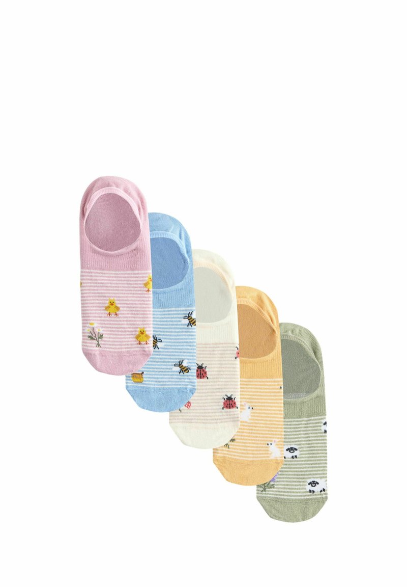 Set van kleurrijke katoenen sokken in roze, blauw, geel en groen met verschillende kleine dierenpatronen en strepen; laag uitgesneden ontwerp.