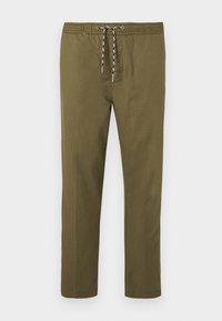 Olivgrüne Hose mit elastischem Bund und verstellbarem Kordelzug. Gerader Schnitt; das Material hat eine glatte, weiche Textur.