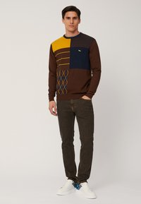 Maglione marrone con blocchi gialli e blu navy, caratterizzato da motivi a righe e argyle, abbinato a pantaloni scuri e scarpe da ginnastica bianche.