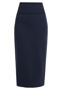 Marineblauwe knie-lange pencil skirt van rekbaar materiaal, met een brede, zachte tailleband en een eenvoudig, aansluitend ontwerp.