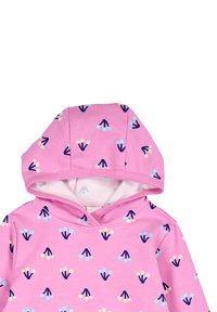 Pink hooded sweatshirt with floral pattern in blue and cream. Soft fabric, features a kangaroo pocket and a lined hood.