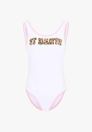 Costume intero bianco con rifiniture rosa e scritta "ST BARTH" in paillettes oro e nere sul petto.