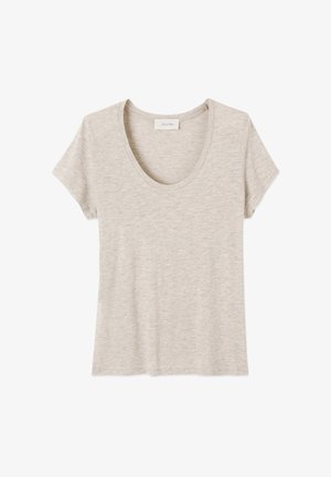Light beige short-sleeve scoop neck t-shirt with a soft, slightly heathered texture, laid flat on a white background.