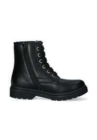 Stivale alla caviglia in pelle nera con lacci anteriori, cerniera laterale, punta rotonda e suola in gomma texture. Presenta occhielli in metallo e lacci piatti.
