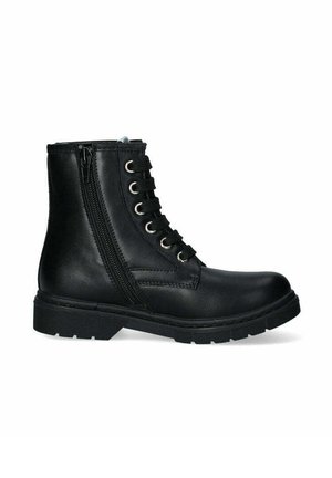 Stivale alla caviglia in pelle nera con lacci anteriori, cerniera laterale, punta rotonda e suola in gomma texture. Presenta occhielli in metallo e lacci piatti.