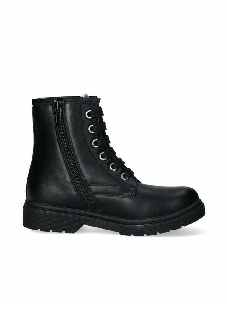 Stivale alla caviglia in pelle nera con lacci anteriori, cerniera laterale, punta rotonda e suola in gomma texture. Presenta occhielli in metallo e lacci piatti.