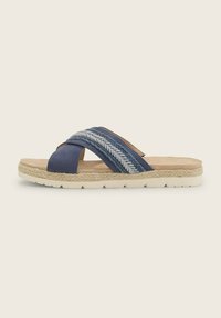 Pantoufle bleu marine avec des sangles en textile tressé et une semelle en jute. Présente une semelle intérieure rembourrée et une semelle extérieure en caoutchouc texturé.