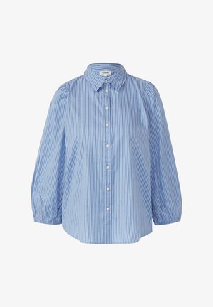 Lichtblauw overhemd met witte verticale strepen, voorzien van pofferige mouwen en een gestructureerde kraag. Gemaakt van een soepele stof.