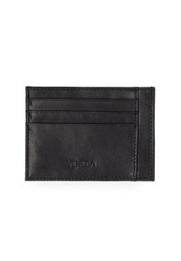 Schwarzer Leder-Kartenhalter mit vier Kartenfächern, glatter Oberfläche, dezentem Nähen und geprägtem "VENEZIA"-Logo auf der Vorderseite.