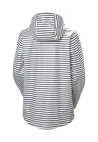 Chaqueta blanca con capucha y rayas horizontales negras, vista por detrás, con mangas largas y un corte holgado.