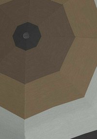 Design de parapluie hexagonal avec des panneaux alternés marron, beige et gris, dotés d'un moyeu central noir et d'une surface en tissu texturé.