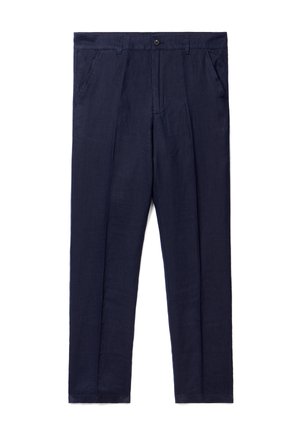 Pantalones de lino azul marino con un diseño de pierna recta, que cuentan con dos bolsillos frontales, un cierre de botón y una textura suave.