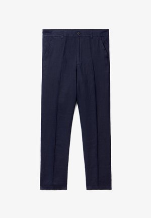 Navyblauwe linnen broek met een recht silhouet, voorzien van twee voorzakken, een knoopsluiting en een gladde textuur.