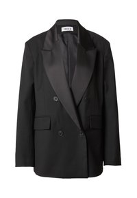 Zwarte dubbelzijdige blazer met satijnen revers, twee voorzakken en knoopsluitingen. Gemaakt van gladde stof met een gestructureerde vorm.