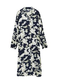 Robe chemise florale en navy avec des fleurs blanches et vert tendre, manches longues, design avec col, et devant à boutons, fabriquée en tissu léger.