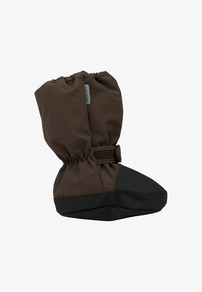 Stivali invernali impermeabili marroni e neri con parte superiore elastica e cinturino in Velcro regolabile alla caviglia per una vestibilità sicura e calore.