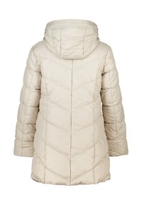 Beige pufferjack met een capuchon en chevrondetails, featuring elastische manchetten en een aangesnoerde halslijn voor warmte en comfort.