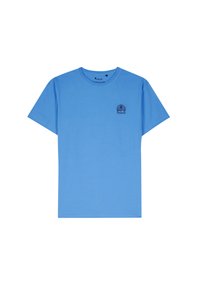 Helles blaues Baumwoll-T-Shirt mit kurzen Ärmeln, Rundhalsausschnitt und einem kleinen marineblauen Logo-Graphic auf der linken Brustseite. Weiche Textur.
