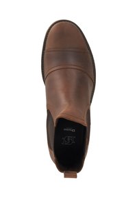 Brown leather ankle boots with elastic side panels, round toe, and contrasting stitching. Minimalist design with pull tab at the heel.