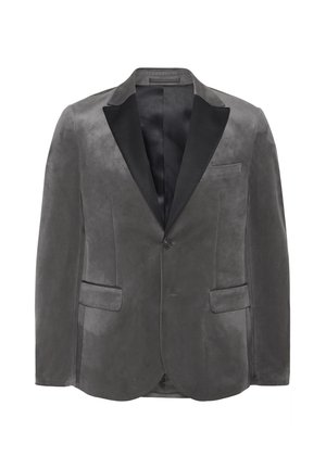 Blazer in velluto grigio con revers in satin nero, chiusura a un bottone, due tasche anteriori a patta e una tasca sul petto.