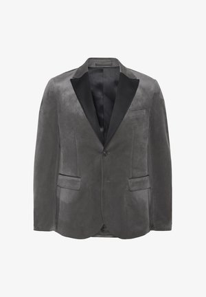 Blazer in velluto grigio con revers in satin nero, chiusura a un bottone, due tasche anteriori a patta e una tasca sul petto.
