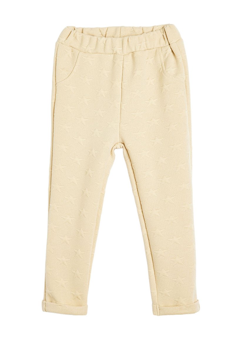 Beige Hose mit strukturiertem Sternmuster, elastischem Bund, zwei seitlichen Taschen und umgekrempelten Säumen. Weiches Material.