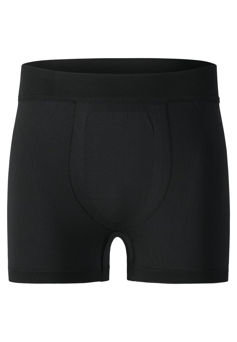 Boxer shorts noirs à coupe ajustée, dotés d'une large ceinture élastique, d'une texture lisse et d'une poche arrondie pour un soutien.