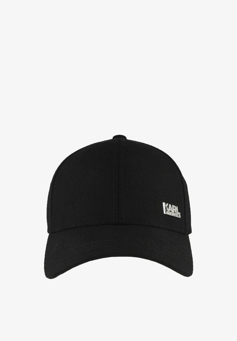 Casquette de baseball noire avec visière incurvée et petit logo argenté "Karl Lagerfeld" sur le panneau avant droit.