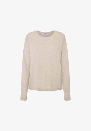 Licht beige trui met lange raglanmouwen, geribbelde zoom en een subtiel logo-detail op de mouw. Zacht gebreide stof met een gladde textuur.