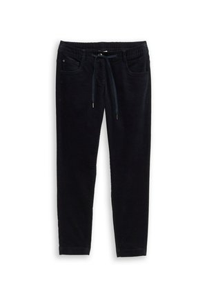 Pantalon en velours noir avec taille élastique, cordon de serrage et cinq poches. Design ajusté avec une texture subtile et jambes fuselées.