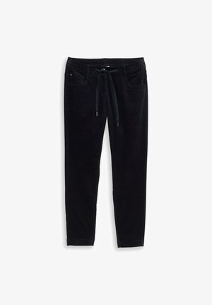 Zwarte corduroy broek met elastische tailleband, trekkoord en vijf zakken. Slim-fit ontwerp met een subtiele textuur en taps toelopende broekspijpen.