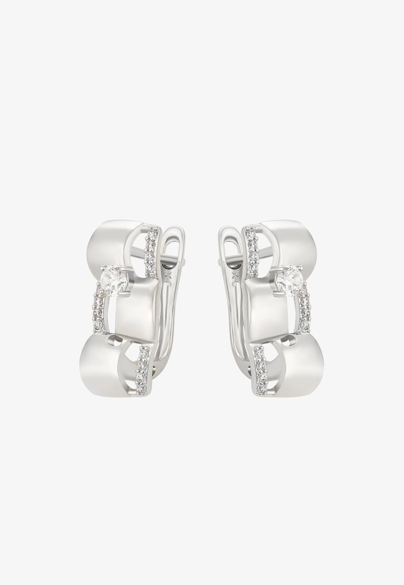 Strieborné kruhové náušnice s lešteným povrchom, zdobené akcentmi z kubického zirkónu a hladkými, zakrivenými tvarmi. Jemné detaily dodávajú textúru.