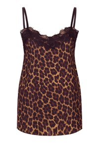 Leopardenmuster-Spaghettiträgerkleid mit Spitzendekoration am Ausschnitt. Hergestellt aus glattem, leichtem Material in Dunkelbraun und Beige.