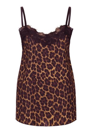Josephine-print liukuen dress with thin straps, featuring a lace trim at the neckline. Made from smooth, lightweight fabric in dark brown and tan.