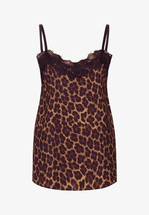 Rochie tip slip cu imprimeu de leopard, cu bretele subțiri, având o dantelă la decolteu. Fabricată dintr-un material neted și ușor, de culoare maro închis și bej.