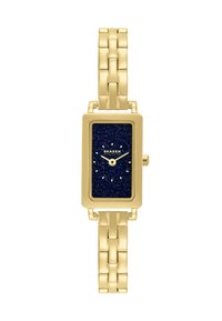 Montre rectangulaire dorée avec un cadran pailleté bleu foncé et des accents dorés. Bracelet en mailles métalliques avec finition poli. Index horaires simples.