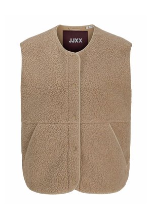 Beige fleecepaita, jossa pehmeä tekstuuri, pyöreä pääntie, edessä napit ja kaksi sivutaskua. Reunukset samansävyisestä beigestä kankaasta.