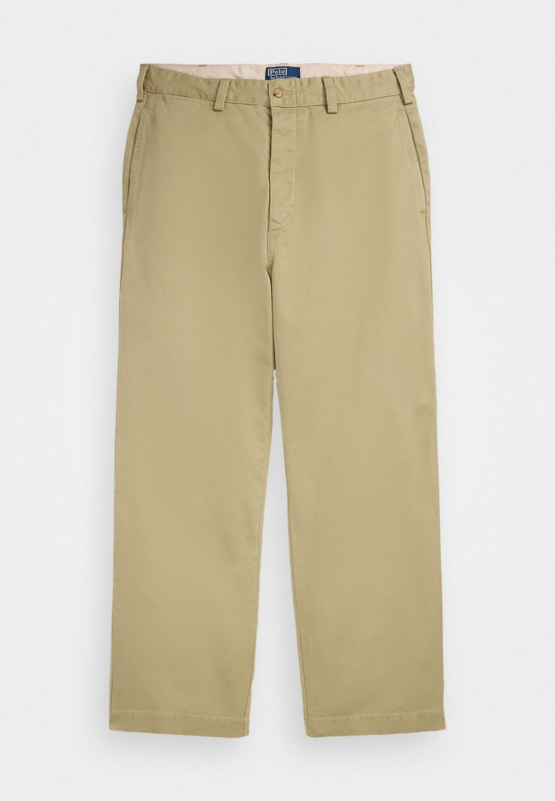 Khaki Chinos mit geradem Bein Design, aus Baumwollmischgewebe gefertigt. Verfügt über Gürtelschlaufen, einen Frontknopfverschluss und zwei Seitentaschen.